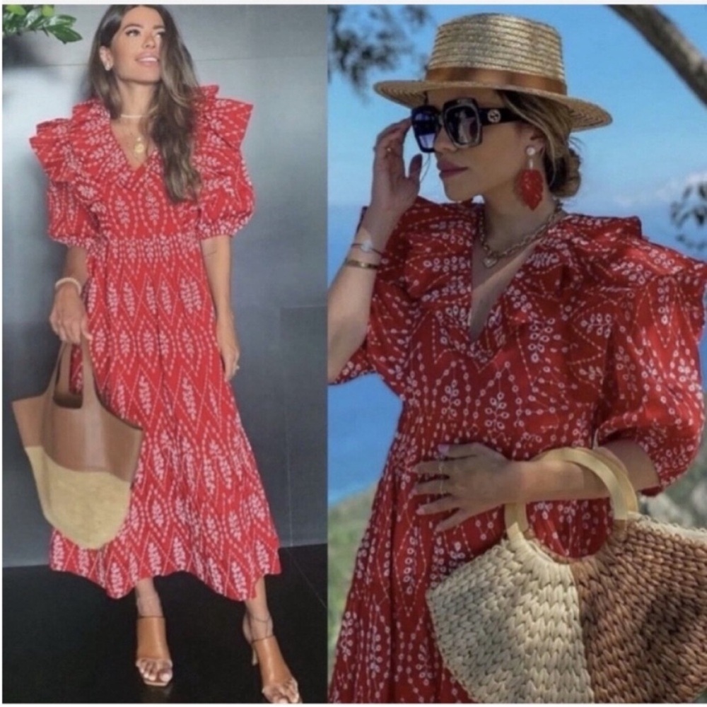 ZARA DRESS WITH CUTWORK EMBROIDERY PUFF SLEEVES MIDI RED - Picture 5 of 15